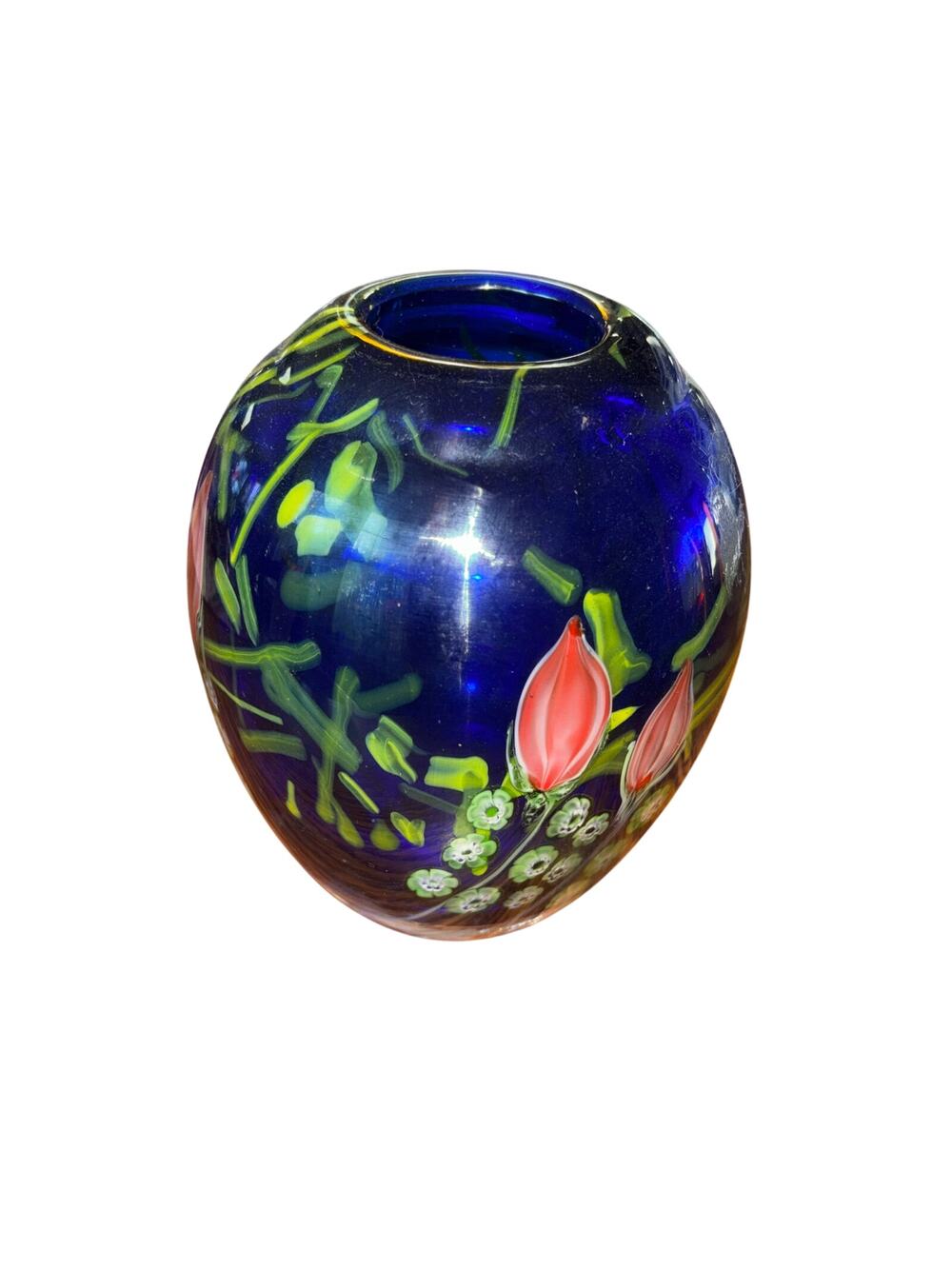 Arthur Kusak Hand Blown Glass Vase Millifiori Floral No Chips Cracks Heavy 5”